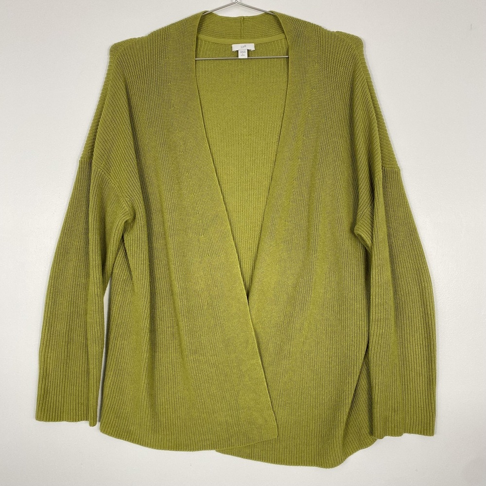 J Jill Sweater Womens Large Petite Green Open Front Long Cardigan Rib Knit Comfy